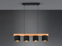 Pendelleuchte CAMERON Holzbalken 4-flammig Stoffschirme Schwarz Gold, B: 75cm