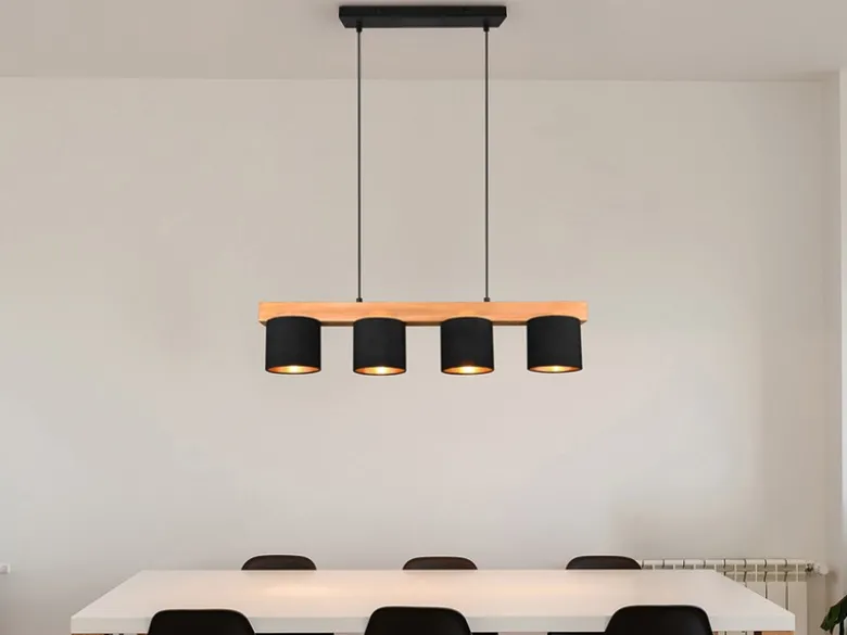Pendelleuchte CAMERON Holzbalken 4-flammig Stoffschirme Schwarz Gold, B: 75cm