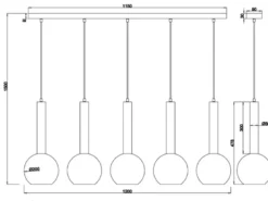 Pendelleuchte CLAYTON 5-flammig lang mit Rauchglas Glaskugeln, Breite 115cm
