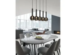 Pendelleuchte CLAYTON 5-flammig lang mit Rauchglas Glaskugeln, Breite 115cm