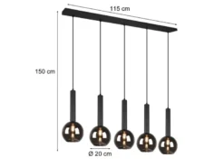 Pendelleuchte CLAYTON 5-flammig lang mit Rauchglas Glaskugeln, Breite 115cm