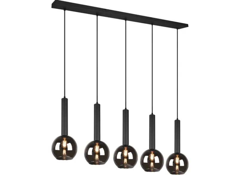 Pendelleuchte CLAYTON 5-flammig lang mit Rauchglas Glaskugeln, Breite 115cm