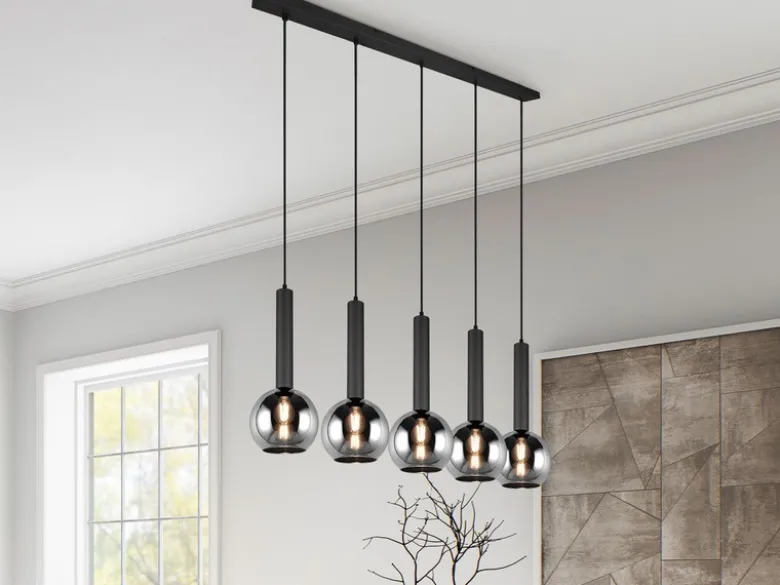 Pendelleuchte CLAYTON 5-flammig lang mit Rauchglas Glaskugeln, Breite 115cm