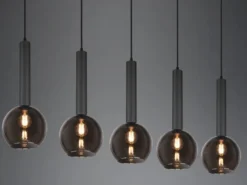 Pendelleuchte CLAYTON 5-flammig lang mit Rauchglas Glaskugeln, Breite 115cm