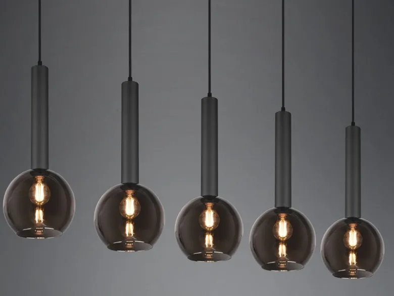 Pendelleuchte CLAYTON 5-flammig lang mit Rauchglas Glaskugeln, Breite 115cm