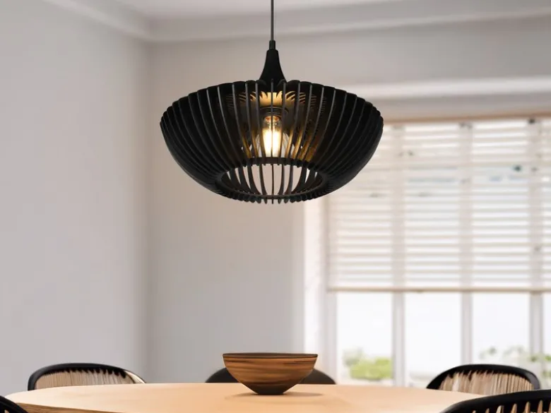 Pendelleuchte COLINO mit Holz Lamellen Schwarz einflammig, Ø 40cm
