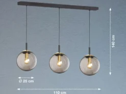 Pendelleuchte DINI 3-flammig lang mit Glaskugeln aus Rauchglas, Breite 115cm
