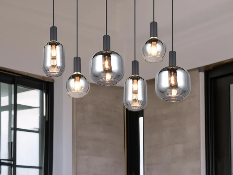 Pendelleuchte DIVA 6-flammig mit Glasschirmen Chrom bedampft, Breite 92cm