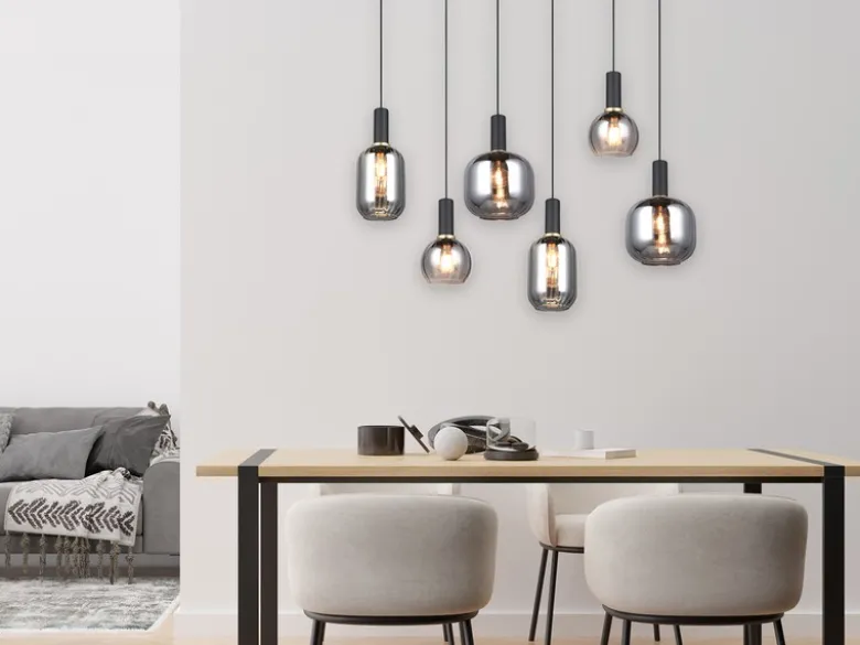 Pendelleuchte DIVA 6-flammig mit Glasschirmen Chrom bedampft, Breite 92cm