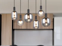 Pendelleuchte DIVA 6-flammig mit Glasschirmen Chrom bedampft, Breite 92cm