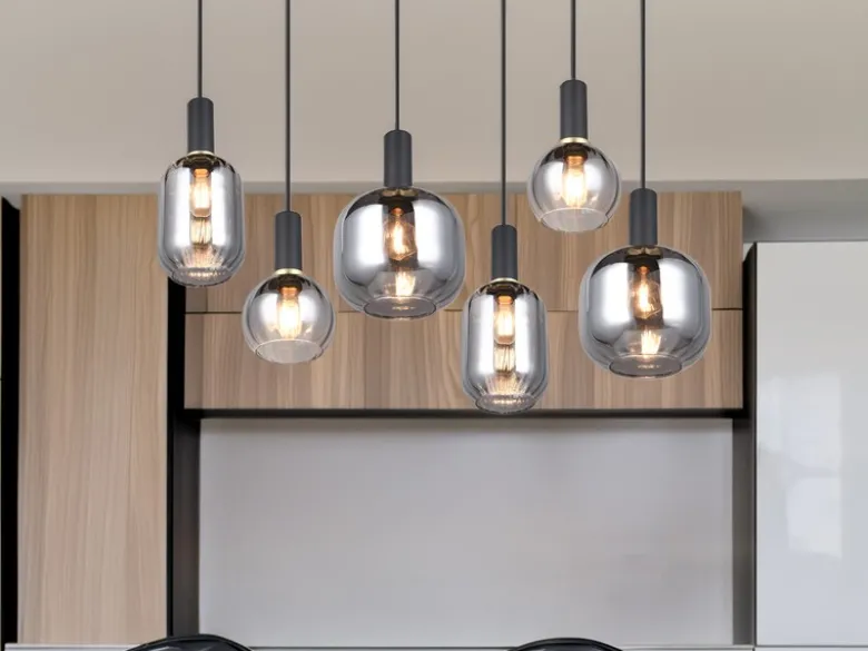 Pendelleuchte DIVA 6-flammig mit Glasschirmen Chrom bedampft, Breite 92cm