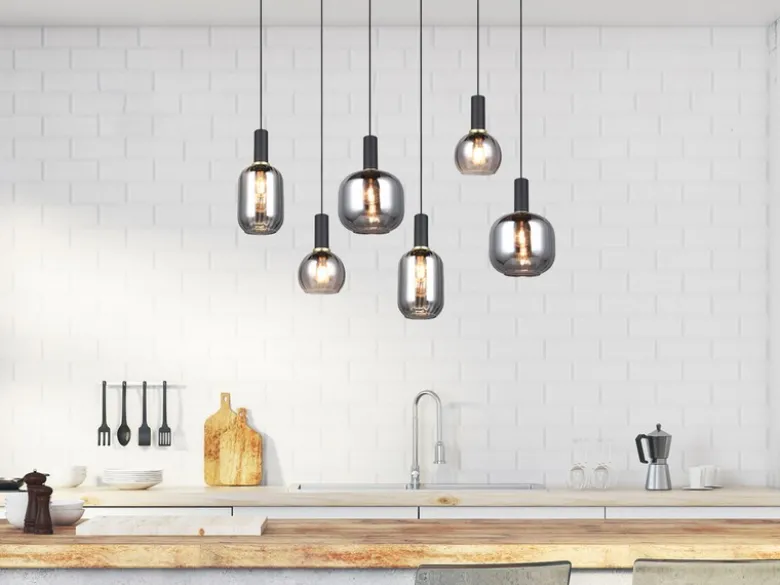 Pendelleuchte DIVA 6-flammig mit Glasschirmen Chrom bedampft, Breite 92cm