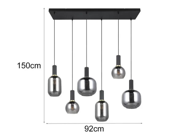 Pendelleuchte DIVA 6-flammig mit Glasschirmen Chrom bedampft, Breite 92cm