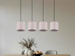 Pendelleuchte ELMAU mit Stoffschirmen Beige & Naturholz Baldachin, Breite 100cm