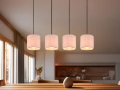 Pendelleuchte ELMAU mit Stoffschirmen Beige & Naturholz Baldachin, Breite 100cm