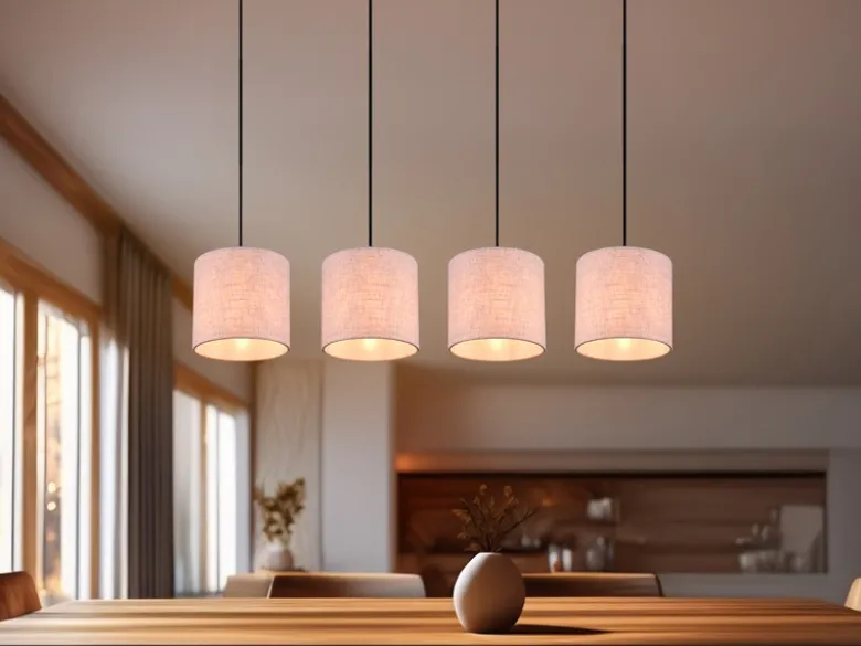 Pendelleuchte ELMAU mit Stoffschirmen Beige & Naturholz Baldachin, Breite 100cm