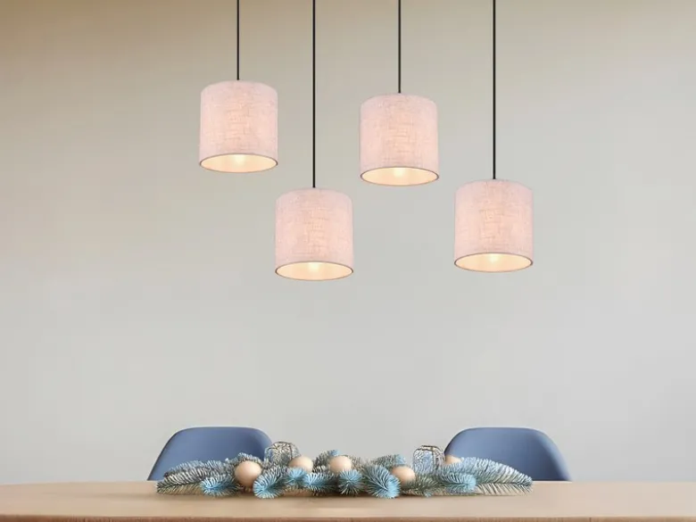 Pendelleuchte ELMAU mit Stoffschirmen Beige & Naturholz Baldachin, Breite 100cm