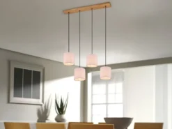 Pendelleuchte ELMAU mit Stoffschirmen Beige & Naturholz Baldachin, Breite 100cm