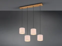 Pendelleuchte ELMAU mit Stoffschirmen Beige & Naturholz Baldachin, Breite 100cm