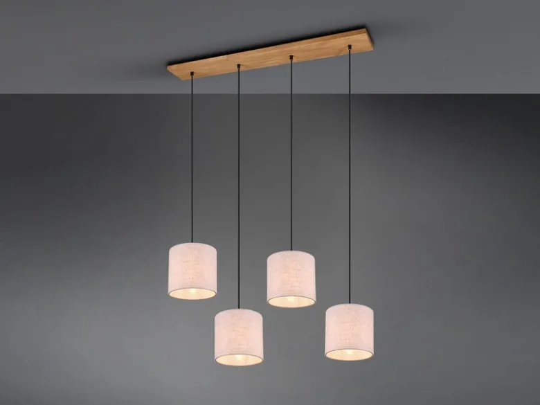 Pendelleuchte ELMAU mit Stoffschirmen Beige & Naturholz Baldachin, Breite 100cm