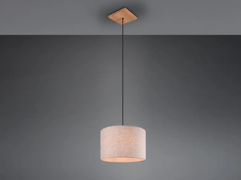 Pendelleuchte ELMAU mit Stoffschirm in Beige und Naturholz Baldachin, Ø 35cm