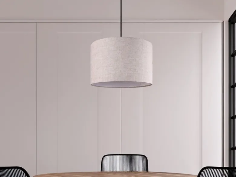 Pendelleuchte ELMAU mit Stoffschirm in Beige und Naturholz Baldachin, Ø 35cm