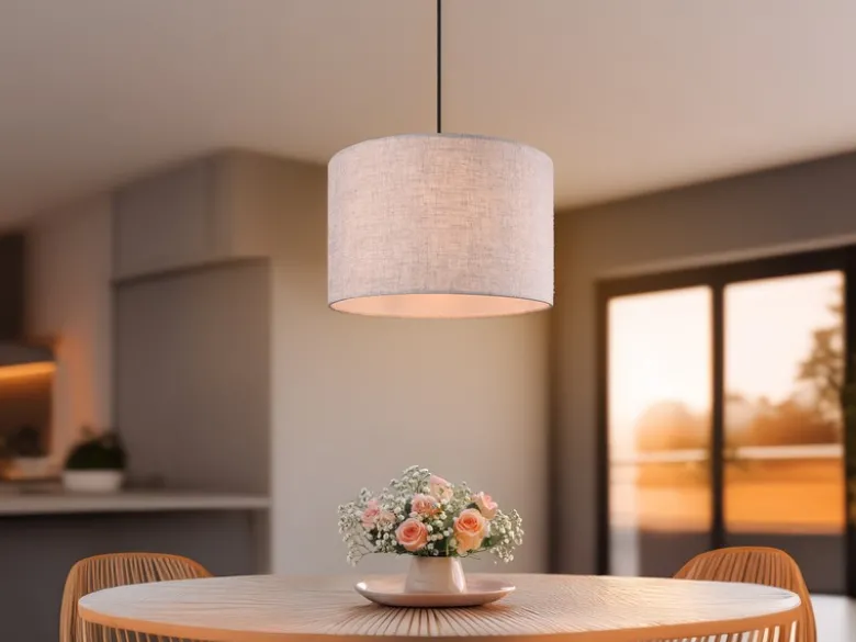 Pendelleuchte ELMAU mit Stoffschirm in Beige und Naturholz Baldachin, Ø 35cm