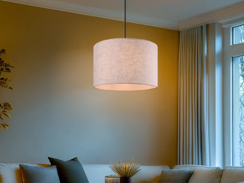 Pendelleuchte ELMAU mit Stoffschirm in Beige und Naturholz Baldachin, Ø 35cm