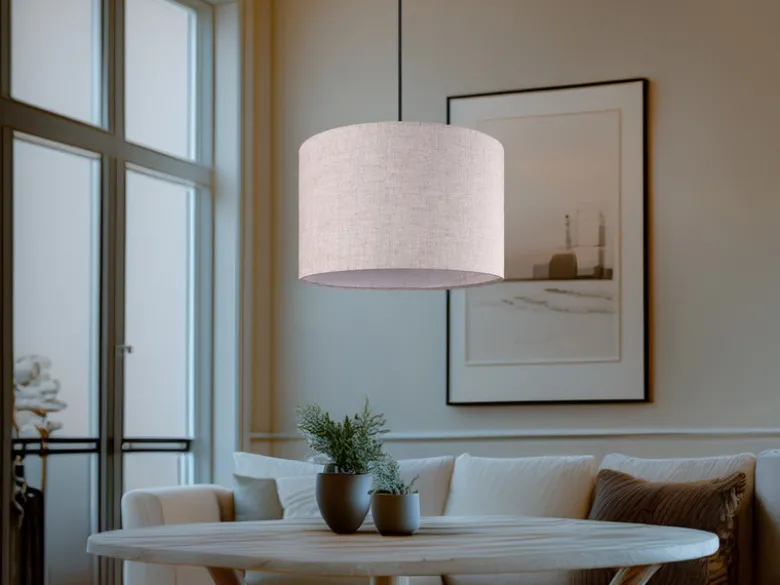 Pendelleuchte ELMAU mit Stoffschirm in Beige und Naturholz Baldachin, Ø 35cm