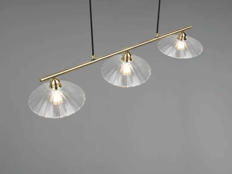 Pendelleuchte ELUNA 3-flammig Altmessing, Glasschirme klar, Breite 100cm