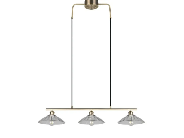 Pendelleuchte ELUNA 3-flammig Altmessing, Glasschirme klar, Breite 100cm