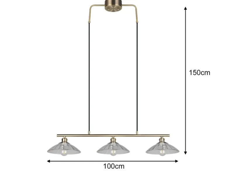Pendelleuchte ELUNA 3-flammig Altmessing, Glasschirme klar, Breite 100cm