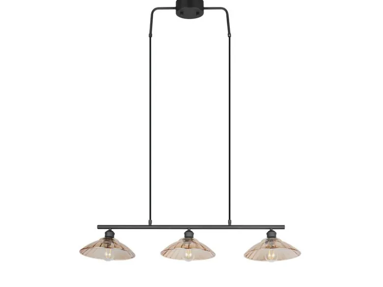 Pendelleuchte ELUNA 3-flammig Schwarz, Glasschirme Amber, Breite 100cm
