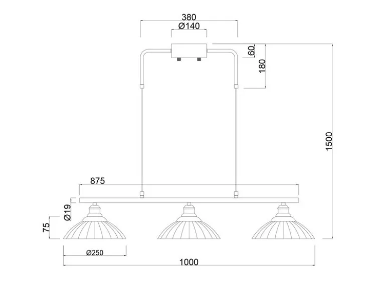Pendelleuchte ELUNA 3-flammig Schwarz, Glasschirme Amber, Breite 100cm