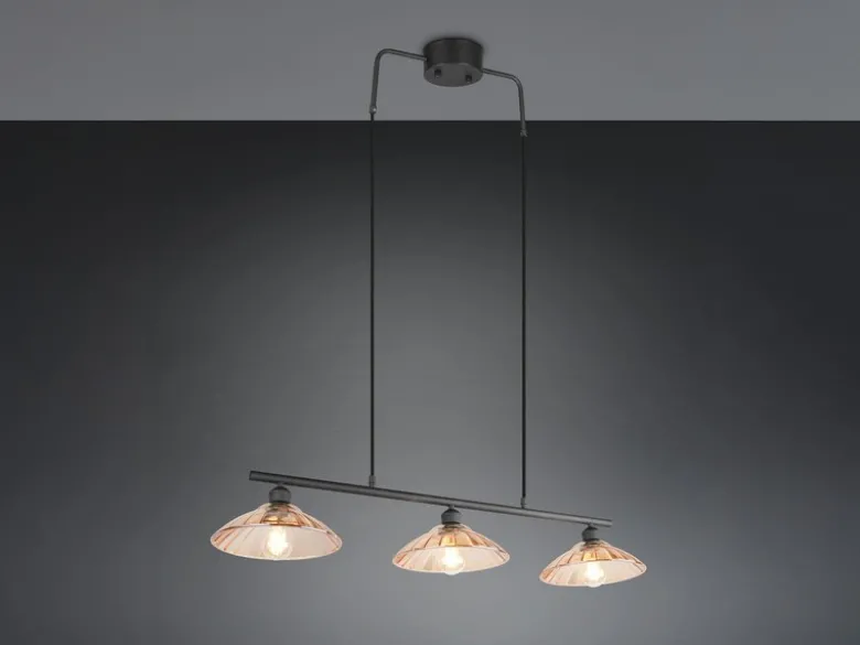 Pendelleuchte ELUNA 3-flammig Schwarz, Glasschirme Amber, Breite 100cm