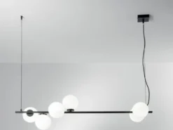 Pendelleuchte ENOIRE 6-flammig Schwarz mit Glaskugeln in Opalweiß, Breite 120cm