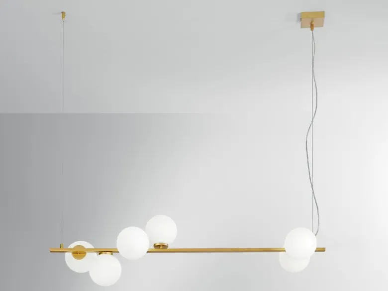 Pendelleuchte ENOIRE 6-flammig Gold mit Glaskugeln in Opalweiß, Breite 120cm