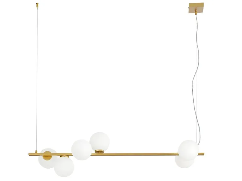 Pendelleuchte ENOIRE 6-flammig Gold mit Glaskugeln in Opalweiß, Breite 120cm