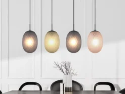 Pendelleuchte FACETTE 4-flammig mit farbigen ovalen Glasschirmen, B: 117cm