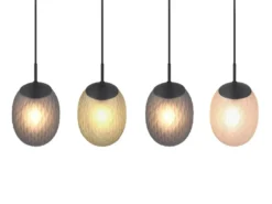 Pendelleuchte FACETTE 4-flammig mit farbigen ovalen Glasschirmen, B: 117cm