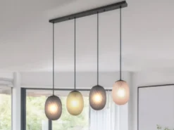 Pendelleuchte FACETTE 4-flammig mit farbigen ovalen Glasschirmen, B: 117cm