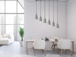 Pendelleuchte FARIN Silber 6 flammig Metall Lampenschirme Ø8cm, Breite 90cm