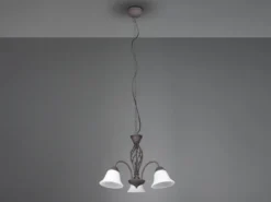 Pendelleuchte 3-flammig in Rostoptik, Glasschirme Weiß mit E14 LED, Ø 55cm