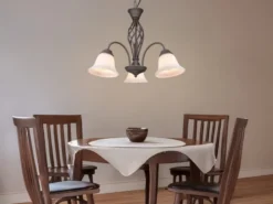 Pendelleuchte 3-flammig in Rostoptik, Glasschirme Weiß mit E14 LED, Ø 55cm