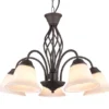 Pendelleuchte 5-flammig in Rostoptik, Glasschirme Weiß mit E14 LED, Ø 60cm