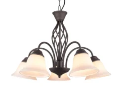 Pendelleuchte 5-flammig in Rostoptik, Glasschirme Weiß mit E14 LED, Ø 60cm