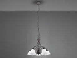 Pendelleuchte 5-flammig in Rostoptik, Glasschirme Weiß mit E14 LED, Ø 60cm