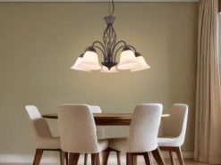 Pendelleuchte 5-flammig in Rostoptik, Glasschirme Weiß mit E14 LED, Ø 60cm