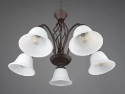 Pendelleuchte 5-flammig in Rostoptik, Glasschirme Weiß mit E14 LED, Ø 60cm