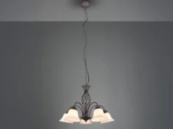 Pendelleuchte 5-flammig in Rostoptik, Glasschirme Weiß mit E14 LED, Ø 60cm